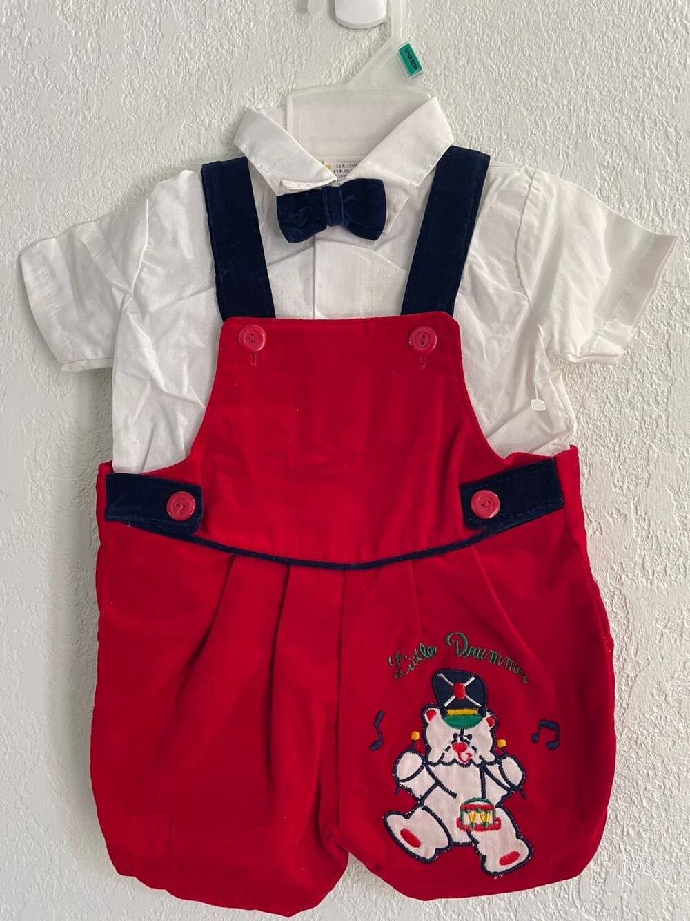Vintage Baby Boy Little Drummer Embroidered Red Velvet Suspender Romper and Shir